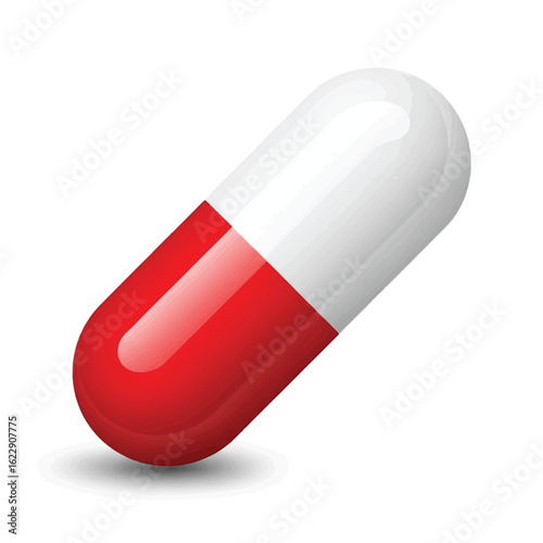 A single red and white capsule pill, glossy, isolated on white background.