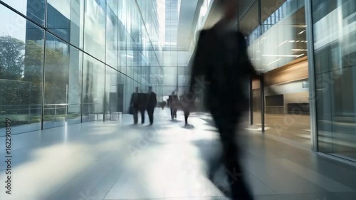 Fast blurred timelapse of business people walking in a modern glass office building, symbolizing speed, motion, and urban lifestyle.