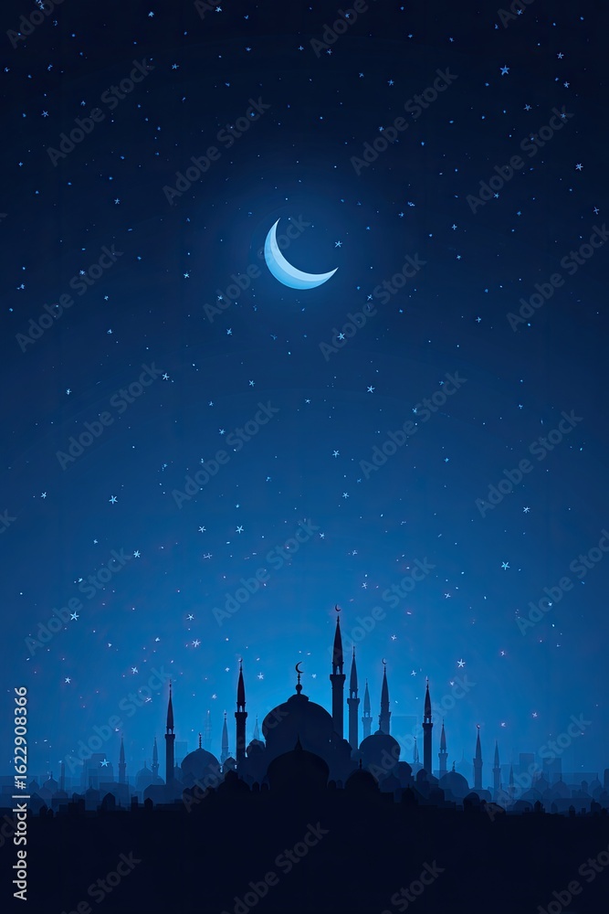 Naklejka premium A crescent moon glows above a city of mosques at night. Silhouettes of structures against a deep blue night sky speckled with stars