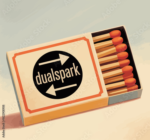 A retro matchbox design prominently displaying the DualSpark logo, highlighting the charm of vintage packaging and the nostalgic aspect of striking matches for light.