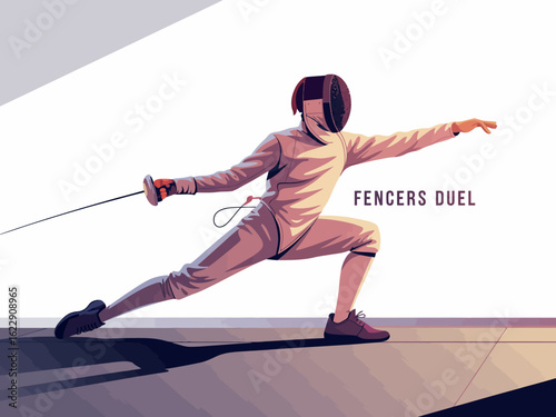 A dramatic scene of two fencers in an intense duel, showcasing their focus and precision while engaging in this traditional sport of fencing with protective gear.