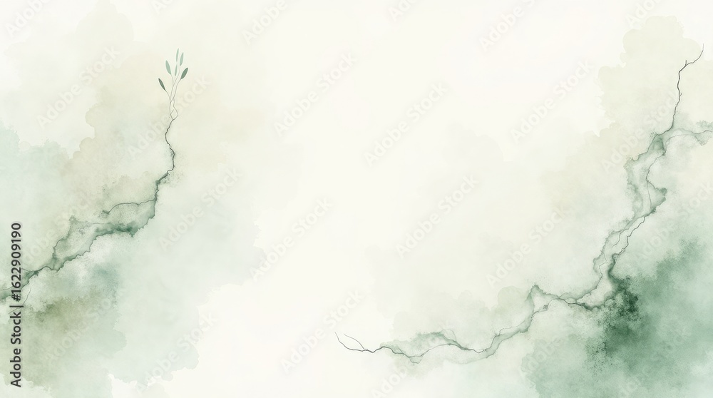 Obraz premium Delicate green branches with watercolor splashes abstract