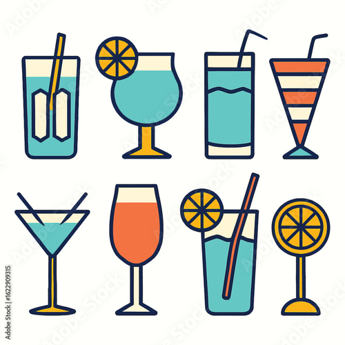 Collection of eight colorful cocktail icons. Each icon depicts a different type of mixed drink in a unique glass, some with garnishes like straws and orange slices. Ideal for menus, summery vibe.