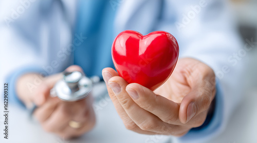 Heart in hand: A close-up shot of a health professional tenderly cradles a vibrant red heart, symbolizing care and compassion in a medical setting. 