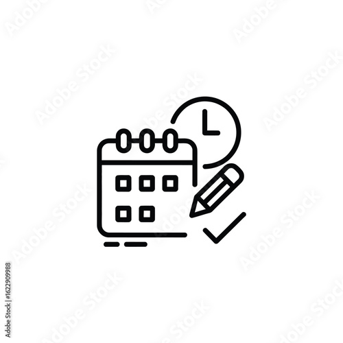 Calendar and clock icon with pencil and checkmark