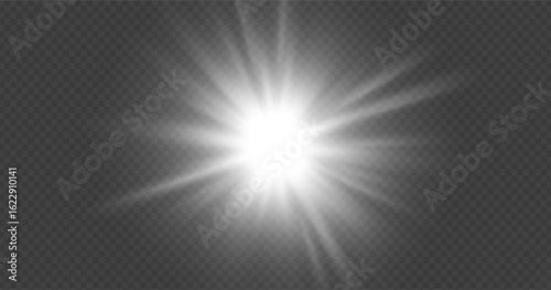Sun overlay with transparent light rays and glowing sunlight effects. Bright lens flare bursts or abstract starbursts for summer backgrounds. Sunrise beams or magic spotlight shines.