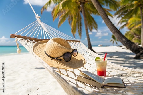 Fototapeta Naklejka Na Ścianę i Meble -  Relaxing beach vacation with cocktail and book in hammock under palm trees on sunny day