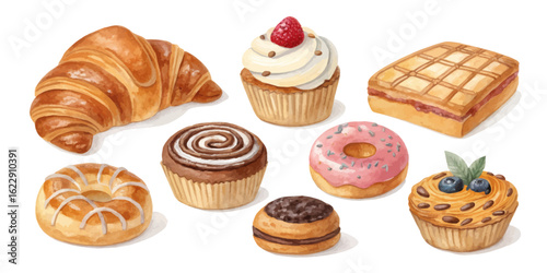 Mini Pastries & Baked Goods Set – Watercolor Style