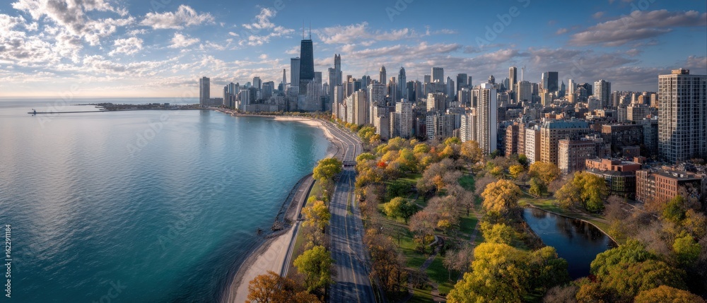 Fototapeta premium Chicago Skyline Aerial View: Lake Michigan's Autumn Embrace