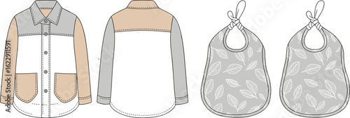 Flat sketch of color-block kids jacket with button details and leaf print baby bibs, stylish children clothing design illustratio