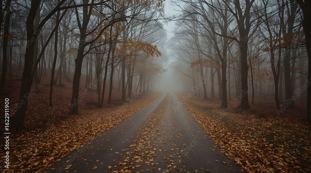 Obraz premium Forested Road Through Foggy Field on Overcast Day