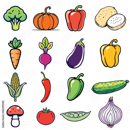 Vibrant Cartoon Vegetable and Fruit Vector Set – Colorful Food Icons Featuring Broccoli, Tomato, Corn, Peppers, and More for Culinary and Educational Use