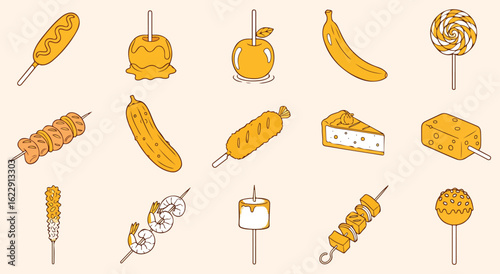 Carnival and Fair Food Vector Icon Set. Street Food and Snack Illustration Collection. Doodle Icons of Corn Dogs, Candy Apples, and Skewers for Festival and Party Menu Design Projects.