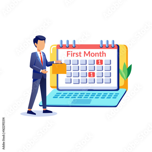 Businessman Planning First Month on Digital Calendar A cartoon businessman stands holding a folder, and in front of a digital calendar displayed on a laptop.