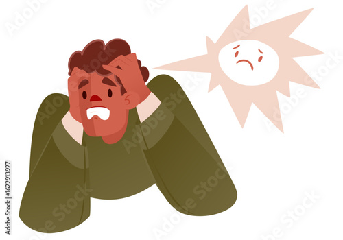 Character in fear and panic. Scared, confused man in stress, anxiety, clutching his head after failure, problem, mistake. Anxious and worried man in disappointment. Flat vector illustration