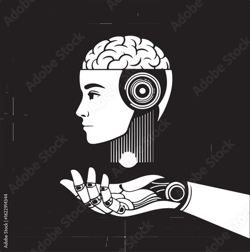 A robot or cyborg with AI holds a projection of the Earth in his hands. Artificial general intelligence or AGI logo. AGI takes care of the Earth.