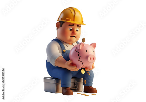Worried 3D cartoon construction worker in a hard hat holding a cracked pink piggy bank with falling gold coins. PNG Transparent Background