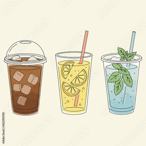 Refreshing Summer Drinks: Iced Coffee, Lemonade, & Mojito Illustration, featuring three popular summer beverages: iced coffee, refreshing lemonade, and a cool mojito