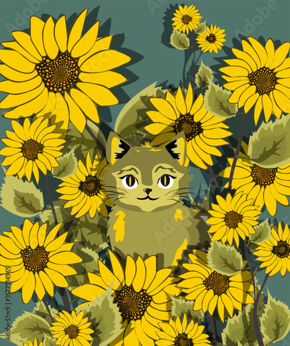 Cute cat sits peacefully among sunflowers plants.