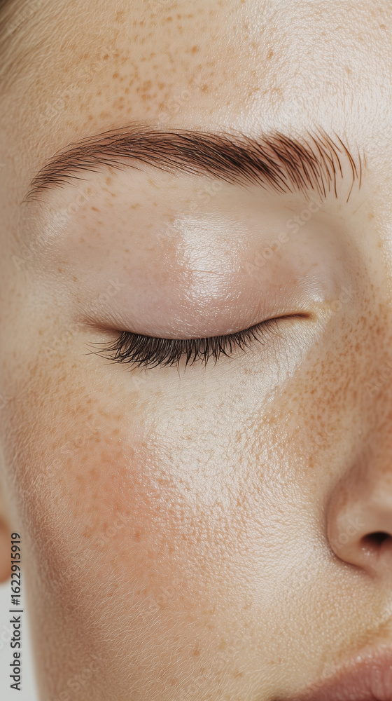 Fototapeta premium Delicate beauty of woman closed eyes, showcasing serene expression and natural freckles, highlighting soft texture of skin and gentle glow of complexion