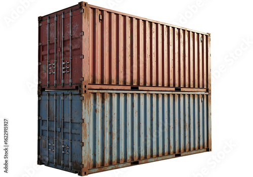 Two stacked old shipping containers red and blue with weathered rusty corrugated metal sides and locked doors. PNG Transparent Background