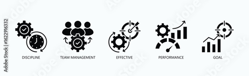 Key Elements Of Leadership And Team Success Icon Set Vector Illustration Concept With Icon Of Discipline, Team Management, Effective, Performance, Goal In Glyph Style