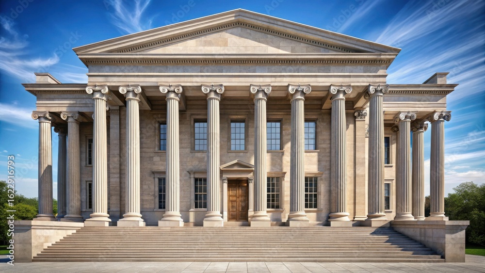 Obraz premium A Majestic Neoclassical Building with a Grand Entrance and Impressive Colonnade Under a Vivid Sky