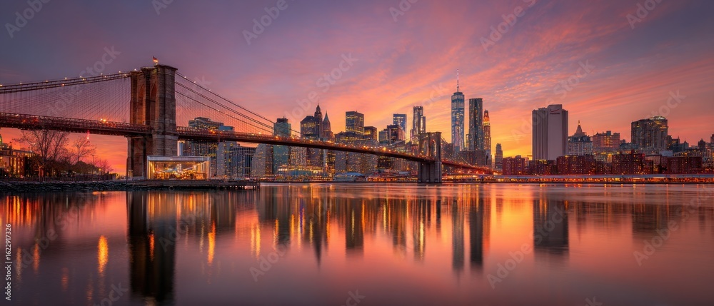 Obraz premium Manhattan Skyline at Sunset with Brooklyn Bridge Reflection