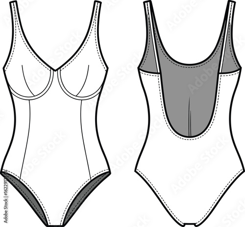 Women's one-piece swimsuit flat sketch, fashion cad drawing, swimwear technical illustration, front and back view, vector design, garment template