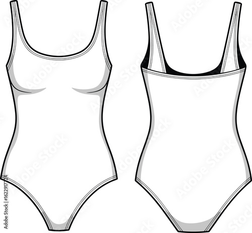 Women's one piece swimsuit flat fashion cad sketch, front and back view, vector template for technical swimwear design illustration.