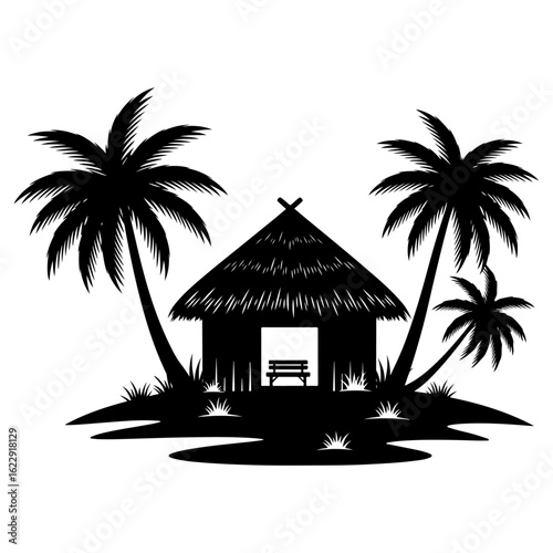Black silhouette of a tropical hut with palm trees and bench on a white background bungalow