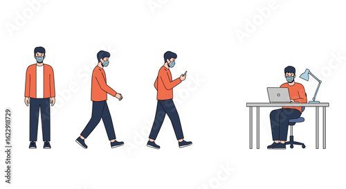 Person Engaged In Different Activities Such As Walking And Working On Laptop