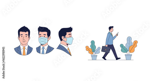 Man wearing protective mask in different angles and man walking with briefcase and smartphone among plants