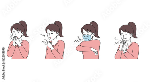 Illustrations of a Woman Coughing and Sneezing Demonstrating Proper Etiquette