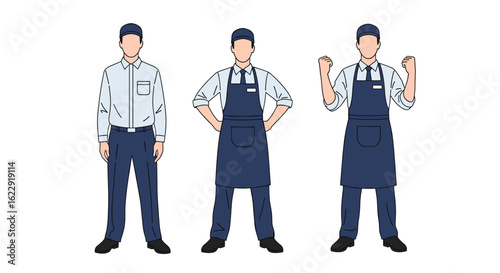 Retail Workers Posing in Uniforms Showing Different Attitudes and Body Language