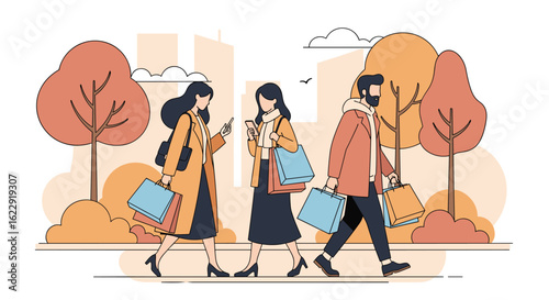 People walking with shopping bags in an autumn park scene enjoying the season
