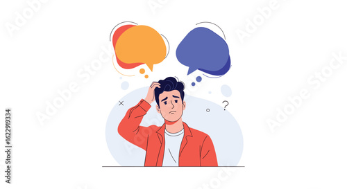 Man with two thought bubbles confused about which decision to make difficult choice dilemma confusion indecision