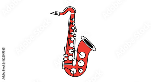 Vibrant Red Saxophone Musical Instrument with Detailed Keys and Bell Illustration
