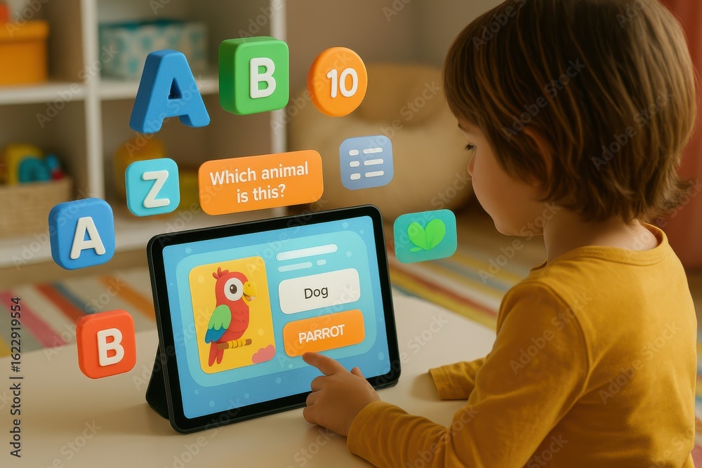 Child using educational tablet game to identify animals and letters with colorful 3D alphabet blocks
Child using educational tablet game to identify animals and letters with colorful 3D alphabet blocks