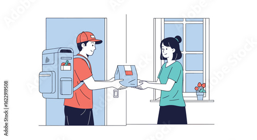Food Delivery Person Hands Meal Package to Customer at Doorstep Quick Service