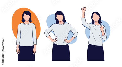 Three women showing different poses and expressions demonstrating confidence and determination