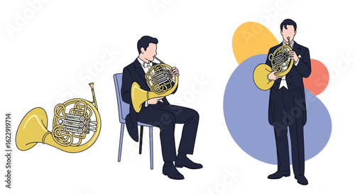Musicians Playing the French Horn with Abstract Shapes in the Background Showing Their Skill