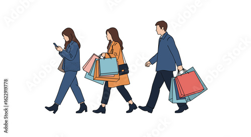 People walking with shopping bags on a white background illustration
