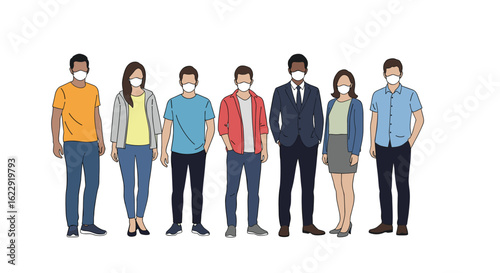 Diverse Group of People Wearing Face Masks Standing Together Promoting Health Safety