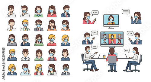 Pixelated Characters Wearing Face Masks During Digital Communication and Meetings