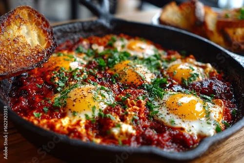 Shakshuka with sunny side up eggs in a cast iron skillet and a piece of bread on the side view