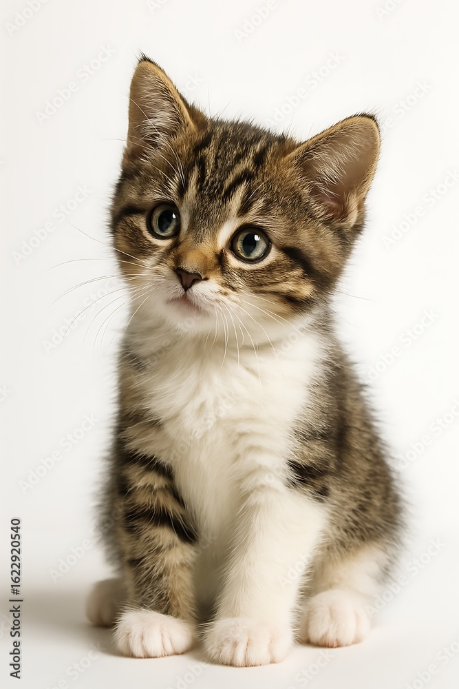 Obraz premium Adorable tabby kitten with big eyes sitting and looking up with curiosity isolated on white background