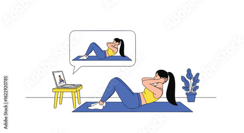 Woman Doing Crunches While Following Online Fitness Routine at Home