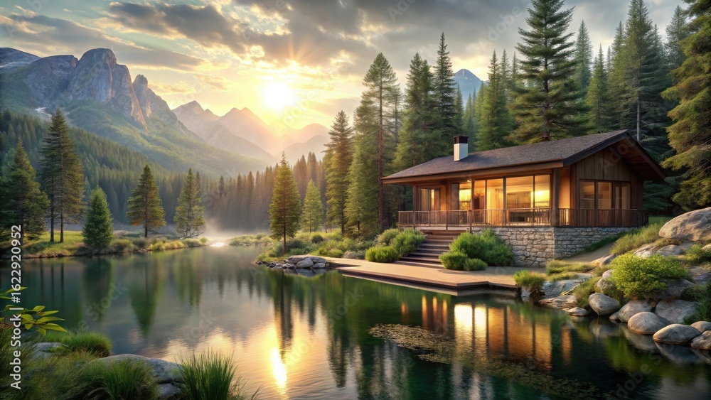 Fototapeta premium Serene Lakeside Cabin Retreat at Golden Hour, Nestled Amongst Majestic Mountains and Lush Evergreen Forest