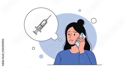 Worried Woman on Phone Thinking About Needle Injection Medical Procedure Concerns